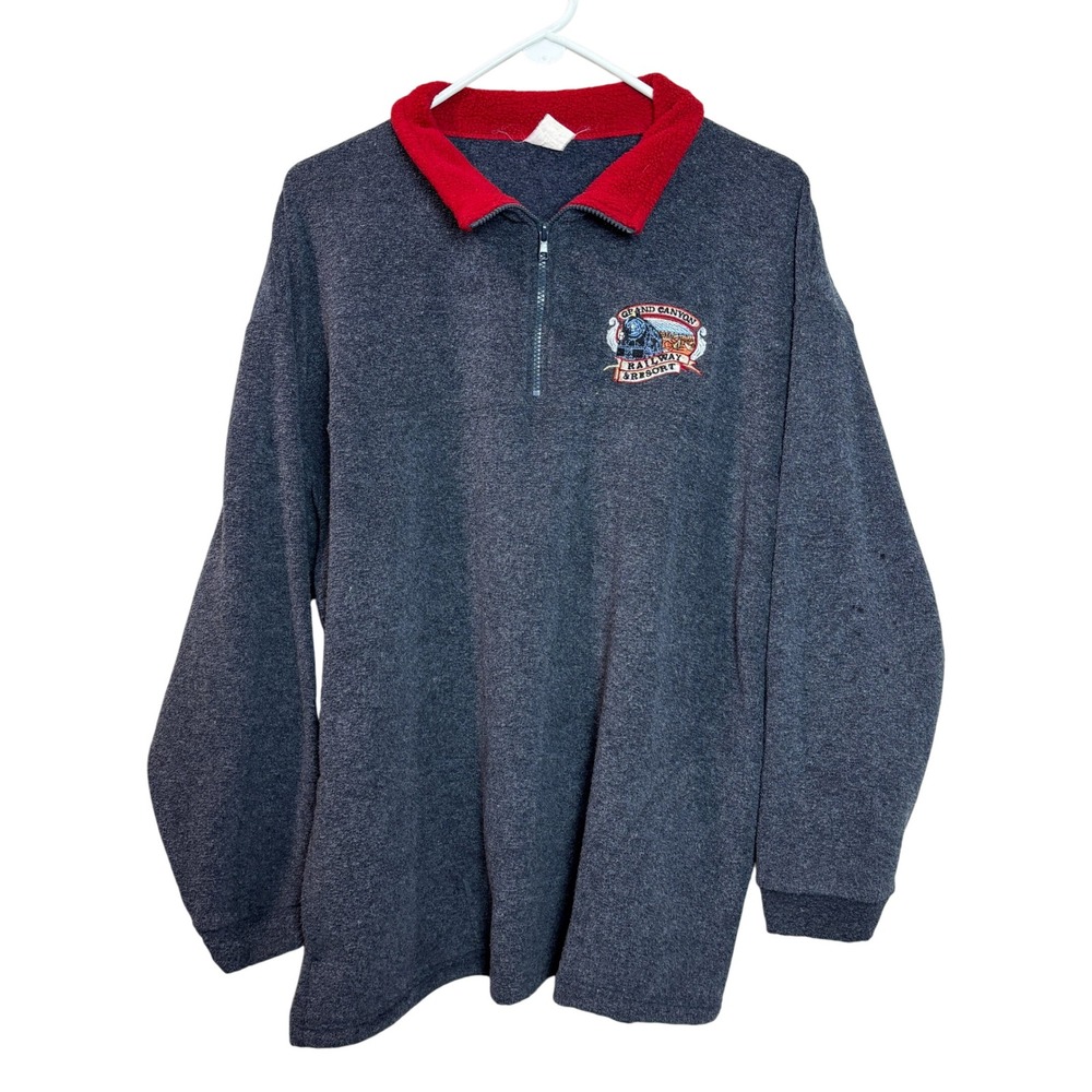 Grand Canyon Railway Resort Fleece 1/4 Zip Pullover Gray Red Collar Mens XL‎